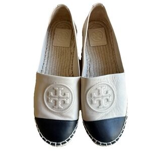 $298 TORY BURCH Espadrille Loafers Cream & Black Leather Rope Sole SZ 7 EUC
